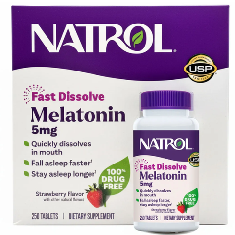 Viên ngậm hỗ trợ giấc ngủ Natrol Sleep 5mg 250 viên - Giúp ngủ ngon, thư giãn tinh thần, không cần nước, hương vị dâu tây
