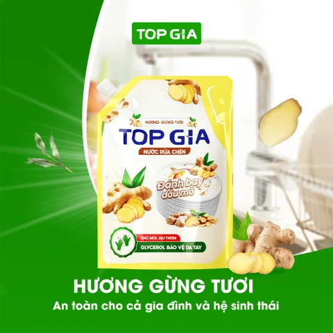 [Sỉ] Nước Rửa Chén Bát TOPGIA Thiên Nhiên, An Toàn Dịu Nhẹ Da Tay, Khử Mùi Tanh Sạch Dầu Mỡ, Túi 2L