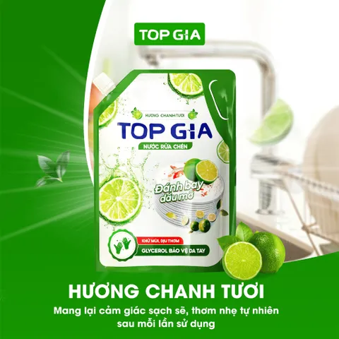 [Sỉ] Nước Rửa Chén Bát TOPGIA Thiên Nhiên, An Toàn Dịu Nhẹ Da Tay, Khử Mùi Tanh Sạch Dầu Mỡ, Túi 2L