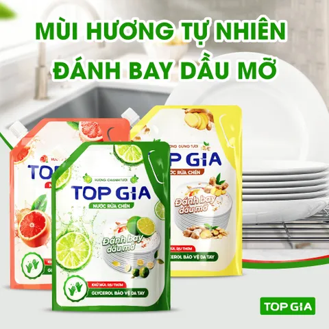 [Sỉ] Nước Rửa Chén Bát TOPGIA Thiên Nhiên, An Toàn Dịu Nhẹ Da Tay, Khử Mùi Tanh Sạch Dầu Mỡ, Túi 2L