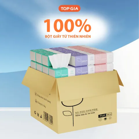 [Sỉ] Thùng 30 gói giấy ăn TopGia gấu trúc rút 3 màu cao cấp 4 lớp dày dặn, mềm mịn
