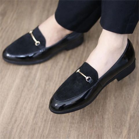 ( Mã D3 ) Giày lười nam kiểu dáng hàn quốc, giày tây nam công sở da bóng vá nỉ phối có gắn băng xích vàng không rỉ 640923