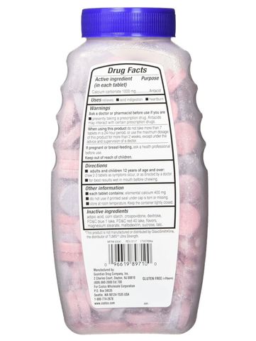 Viên nhai Kirkland Ultra Strength Antacid 1000mg - Hỗ trợ tiêu hoá giảm đầy hơi, Calcium Carbonat, hộp 265 viên