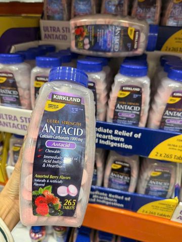 Viên nhai Kirkland Ultra Strength Antacid 1000mg - Hỗ trợ tiêu hoá giảm đầy hơi, Calcium Carbonat, hộp 265 viên