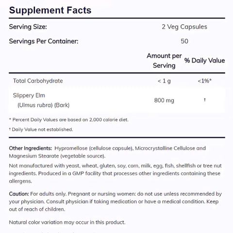 NOW Foods Slippery Elm 400 mg - Viên Uống Hỗ Trợ Tiêu Hóa Tự Nhiên 100 Viên - Vegan, Không Gluten, Bảo Vệ Dạ Dày & Ruột