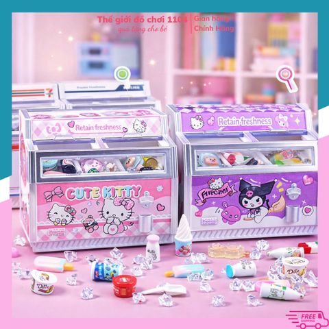 Quầy tủ lạnh siêu thị mini Hellokitty Kuromi 7Eleven 65 chi tiết, mô hình mô phỏng tủ đông bán hàng