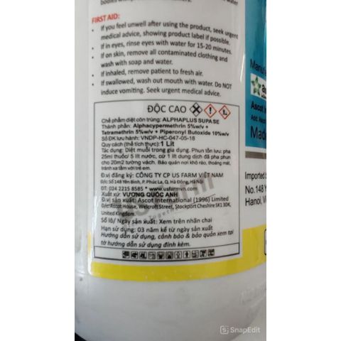 Thuốc Diệt Côn Trùng ALPHA PLUS 5EC 1LÍT Nhập Khẩu Anh Quốc – Diệt Muỗi, Ruồi, Gián Cực Mạnh Hoạt Chất Tương Tự Fendona