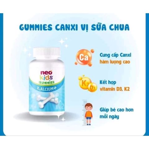 Viên Nhai Gummies Canxi Neo Kids  - Kẹo canxi cho bé vị sữa chua bổ sung Canxi, D3, Vitamin K2 MK7 cho trẻ