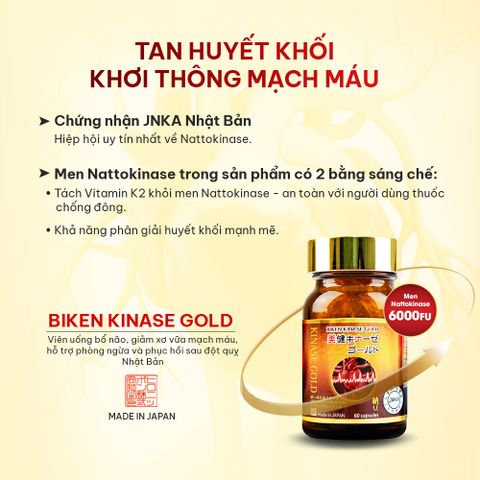 Biken Kinase Gold Hộp - Viên uống bổ não, giảm xơ vữa mạch máu, hỗ trợ phòng ngừa và phục hồi sau đột quỵ
