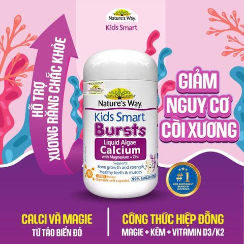 Nature's Way Kids Smart Bursts Calcium With Magnesium + Zinc+ D3K2 Bổ Sung Canxi, Kẽm, Magie cho trẻ
