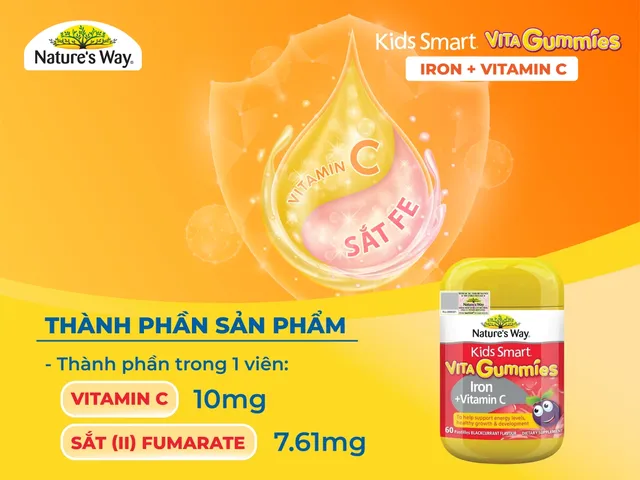 Kẹo Dẻo Natural Way's Kids Smart Vita Gummies Iron + Vitamin C Hỗ Trợ Bổ Sung Sắt Cho Trẻ (60v)