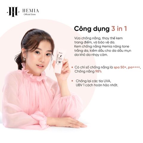 Kem Chống Nắng Hemia SPF50/PA++++ - Dưỡng Da Nâng Tone, Kiềm Dầu, Thấm Nhanh, Ngăn Ngừa Lão Hóa Cho Tất Cả Loại Da