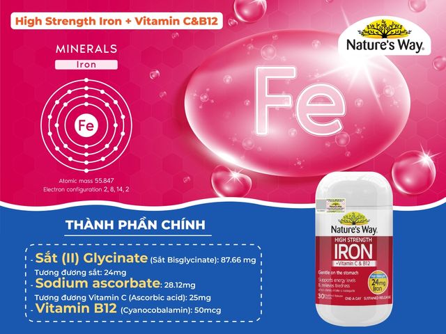 Nature’s Way High Strength Iron + Vitamin C&B12 – Hỗ trợ bổ sung Sắt, Vitamin C & B12 cho cơ thể (30v)