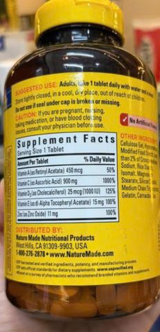 Viên uống bổ sung Vitamin C + D3+ ZinC  200 Viên Nature Made, hàng nhập Mỹ