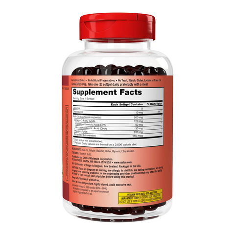 Dầu nhuyễn thể Kirkland Krill Oil Omega-3 + Astaxanthin 500mg - Hỗ trợ sức khỏe tim mạch và sức khỏe tổng thể, 180 viên của Mỹ 643042