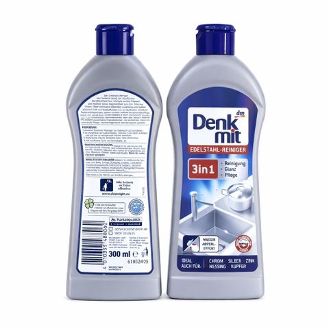 Dung Dịch Tẩy Rửa Inox Đánh Bóng Denkmit 3in1 300ml - Loại Bỏ Cặn Bẩn và Dầu Mỡ, Bảo Vệ Thiết Bị Kim Loại Chính Hãng Đức