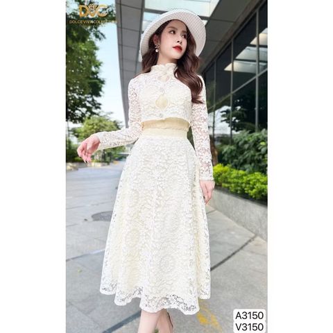 (size S ) SET VÁY REN DÁNG DÀI KÈM KHOÁC CHOÀNG RỜI HÀNG REN DÀY DẶN 2 LỚP