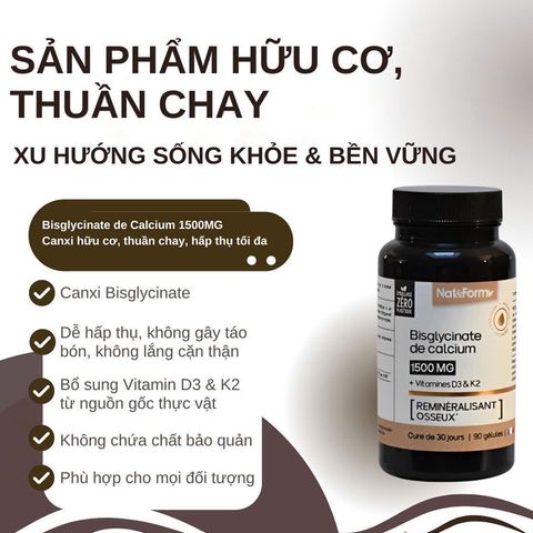 Canxi 1500mg + D3 K2 thuần chay Nat&Form Pháp 90 viên
