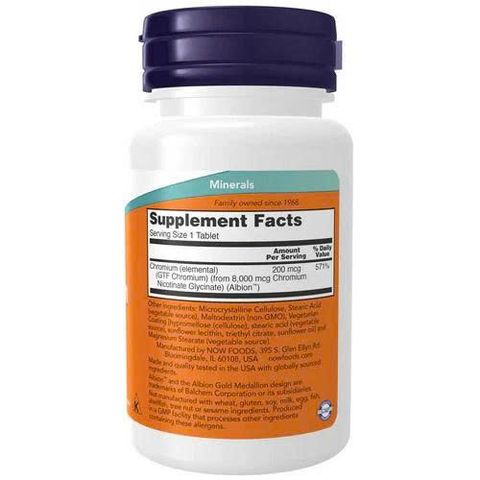 Viên uống bổ sung Now Foods GTF Chromium 200mcg - 100 viên nén hỗ trợ chuyển hóa glucose lành mạnh