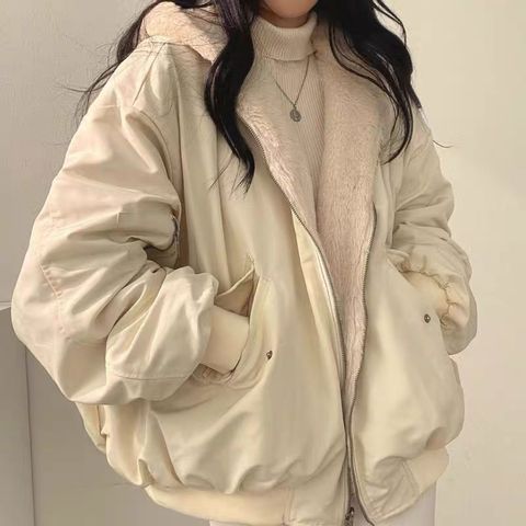 (Freesize) Áo Khoác Bomber Hai Lớp Lót Lông Cừu Dày Dáng Rộng Unisex Có Mũ Giữ Ấm Mùa Đông - Form Oversize Basic