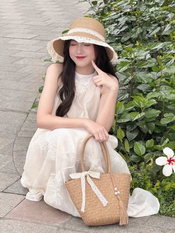 túi cói đi biển tua rua kèm nón cói vành rộng che nắng chống tia UV