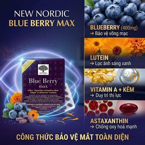 New Nordic Blue Berry Max - Viên Bổ Mắt 120 Viên Giảm Mỏi Khô Mắt, Tăng Cường Thị Lực, Bảo Vệ Mắt Khỏi Ánh Sáng Xanh