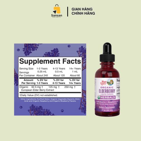 TPBVSK Siro Tăng đề kháng hữu cơ Mary Ruth's Organic Elderberry liquid drops 60ml - Nội địa Mỹ