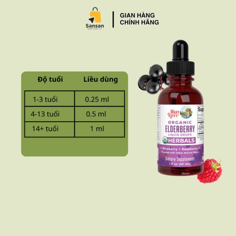 TPBVSK Siro Tăng đề kháng hữu cơ Mary Ruth's Organic Elderberry liquid drops 60ml - Nội địa Mỹ