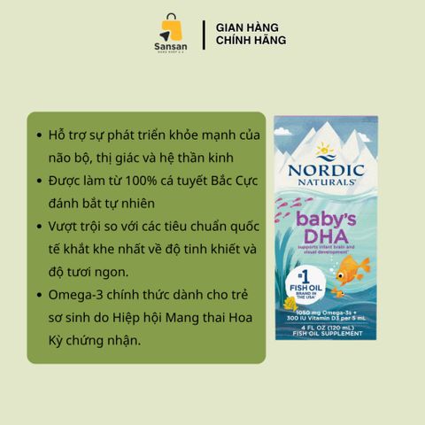 TPBVSK Siro dầu cá Nordic Naturals Baby's DHA cho bé sơ sinh từ 0-12 tháng tuổi 60ml và 120ml - Nội địa Mỹ