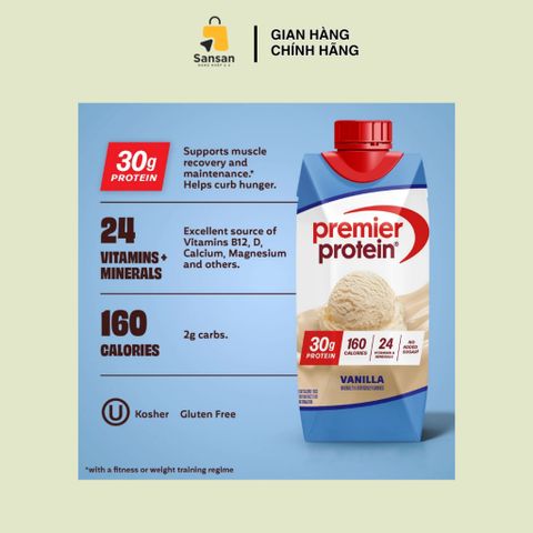 Sữa cao đạm Premier Protein Shake 30g protein, hương Vani, 12 hộp - Nội địa Mỹ