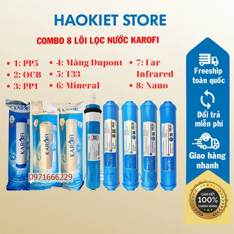 Trọn bộ Combo 8 lõi lọc nước Karofi 12345678 - T33, Mineral, Far, Nano silver