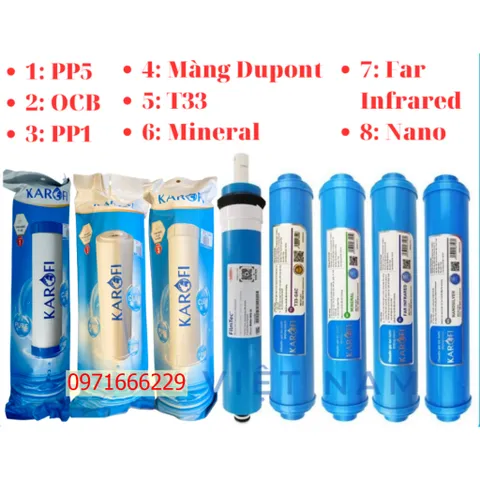 Trọn bộ Combo 8 lõi lọc nước Karofi 12345678 - T33, Mineral, Far, Nano silver
