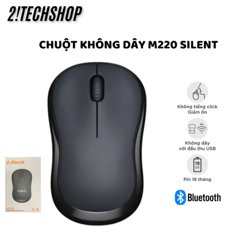 Chuột Không Dây Ateck M220 Silent Màu Đen - Giảm Ồn 90%, Kết Nối USB + Bluetooh, tặng pin, BH 12T
