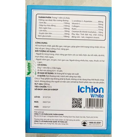 Viên uống Ichion White hỗ trợ giảm mụn,mẩn ngứa,detox gan (Chai 30 viên)
