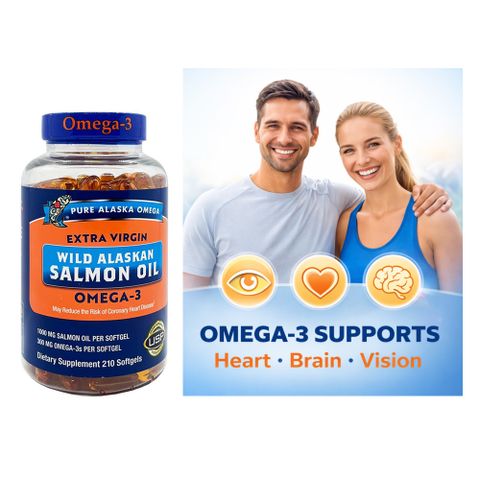 Viên Dầu Cá Hồi Pure Alaska Omega 3 1000MG - 210 Viên Tăng Cường Sức Khỏe Tim Mạch, Não, Da Tự Nhiên, Không Thủy Ngân 646920