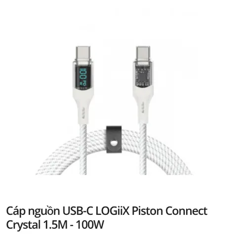 Dây sạc C to C Logiix 1.5m dù cước, trong suốt, có màn hình đo công suất new, nobox