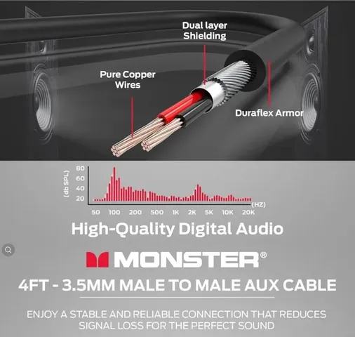 Monster 12M TPE High-Quality Audio Cable 3.5mm Male to Male with Gold-Plated Connectors and Duraflex Armor