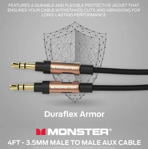 Monster 12M TPE High-Quality Audio Cable 3.5mm Male to Male with Gold-Plated Connectors and Duraflex Armor