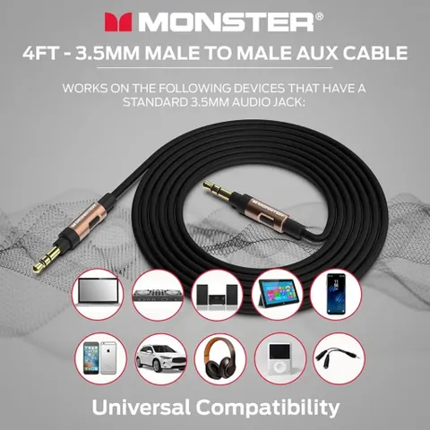Monster 12M TPE High-Quality Audio Cable 3.5mm Male to Male with Gold-Plated Connectors and Duraflex Armor