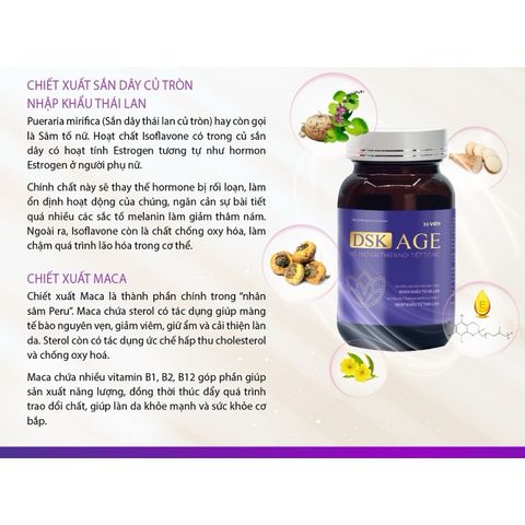 Viên uống DSK AGE (Vshine)hỗ trợ sức khoẻ nữ,giảm khô hạn,chống lão hoá da(Hộp 3 chai/45viên)