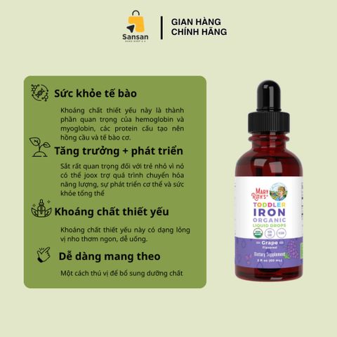 TPBVSK Siro sắt hữu cơ Mary Ruth's Toddler Iron Liquid Drops cho bé từ 1-3 tuổi 60ml - Nội địa Mỹ