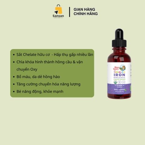 TPBVSK Siro sắt hữu cơ Mary Ruth's Toddler Iron Liquid Drops cho bé từ 1-3 tuổi 60ml - Nội địa Mỹ
