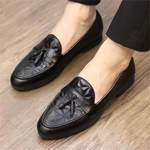 Giày Tây Nam Da PU Cao Cấp Đen - Giầy Lười Công Sở Gắn Chuông 3D, Đế Cao Su Mềm, Phong Cách Hàn Quốc, Thoải Mái Đi Lại Ngày Dài