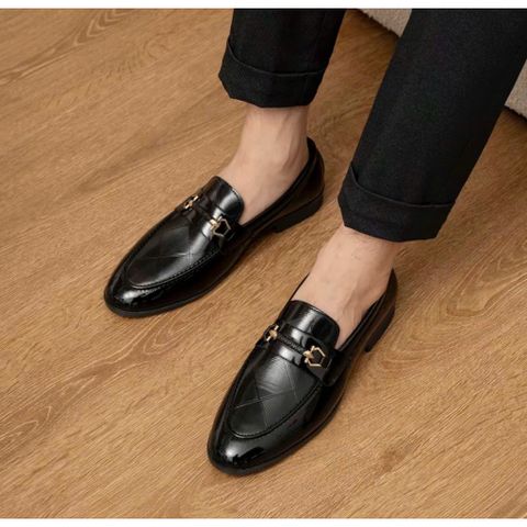 Giày lười DAVINCIA da PU bóng kính, Giầy nam trẻ trung chụp kỷ yếu đế cao su mềm chống trơn trượt có khâu chỉ G65