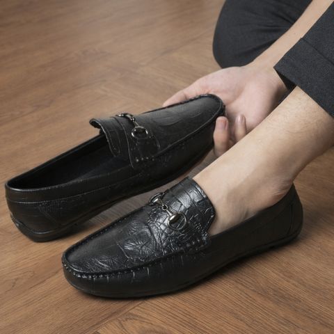 Giày Moca đế bệt DAVINCIA da PU dập vân cá sấu sắc nét, Giầy lười da mềm đế siêu nhẹ có khâu đế chắc chắn G31