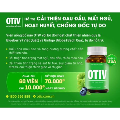 Viên uống OTIV cải Thiện Đau Đầu, Mất Ngủ, Hoạt Huyết Não hộp 60 viên