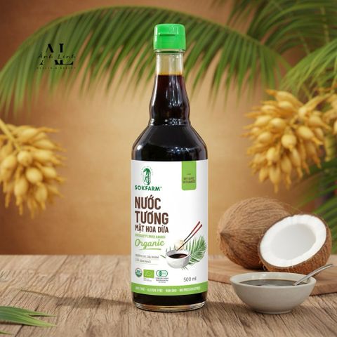 Nước tương mật hoa dừa organic Sokfarm - Dòng ít muối - hàng Việt.