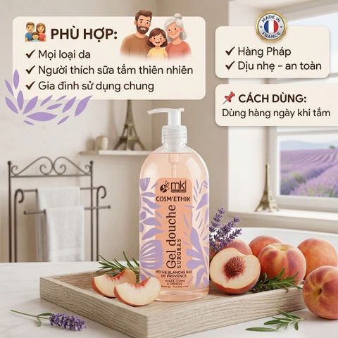 MKL Gel Douche Surgras Sữa Tắm Dưỡng Ẩm 1000ml Hương Đào Trắng Provence Thơm Mềm Dịu Nhẹ Chính Hãng