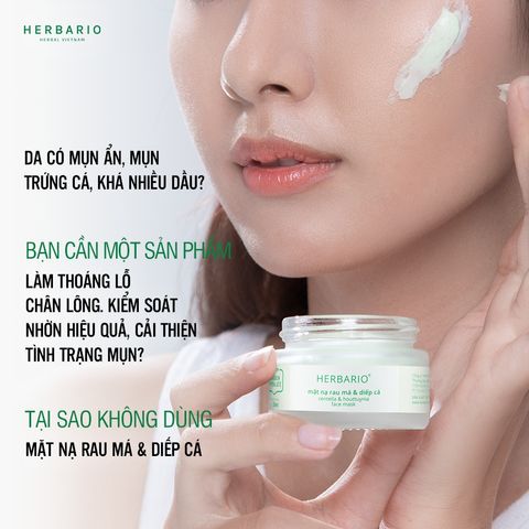 Mặt nạ Rau Má & Diếp Cá giảm dầu, mụn Herbario 30ml thuần chay chính hãng
