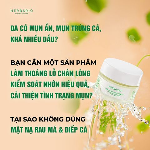 Mặt nạ Rau Má & Diếp Cá giảm dầu, mụn Herbario 30ml thuần chay chính hãng